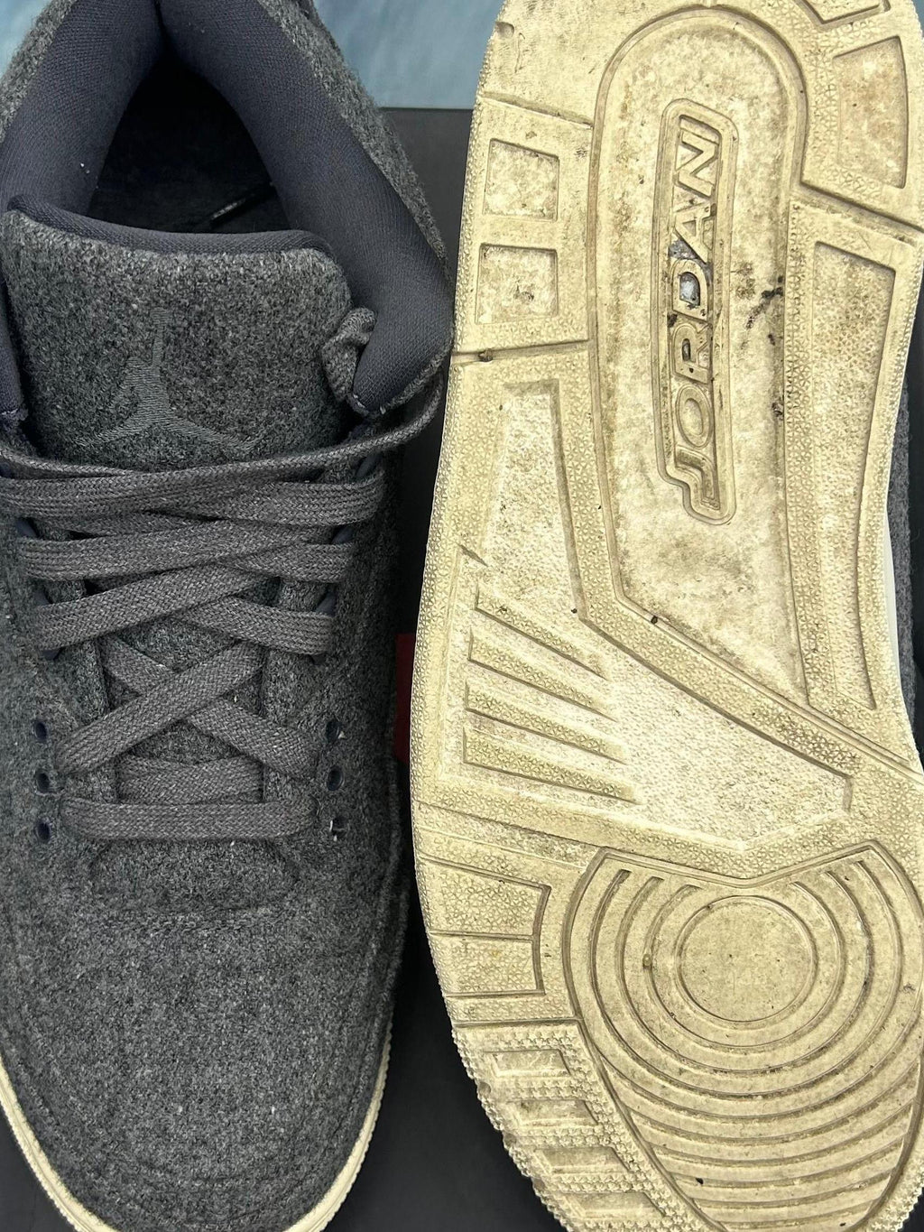 Pre-owned Jordan 3 Retro Wool size 11, dark gray wool upper with matching laces, visible worn outsole.