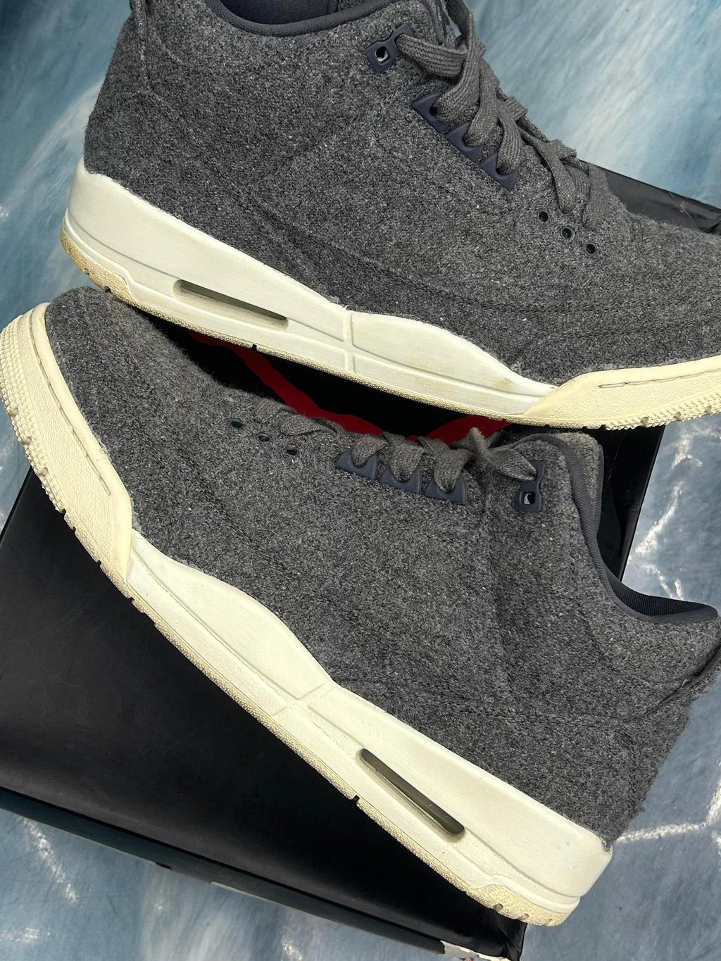 Pre-owned Jordan 3 Retro Wool sneakers, size 11, in dark gray wool with off-white soles.