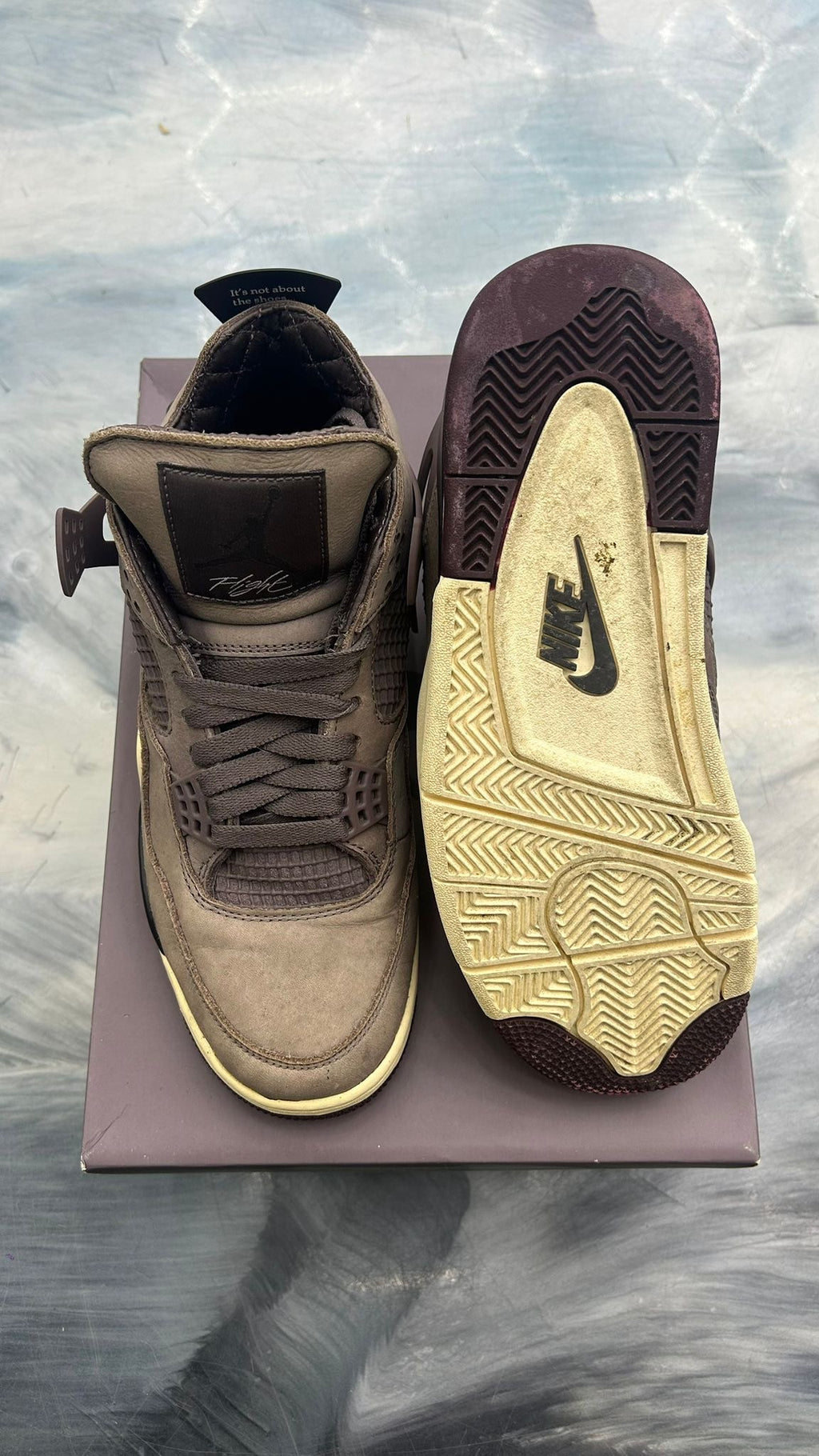 Pre-owned Jordan 4 Retro A Ma Maniere size 8.5, brown suede upper, dark brown accents, and cream/brown sole.