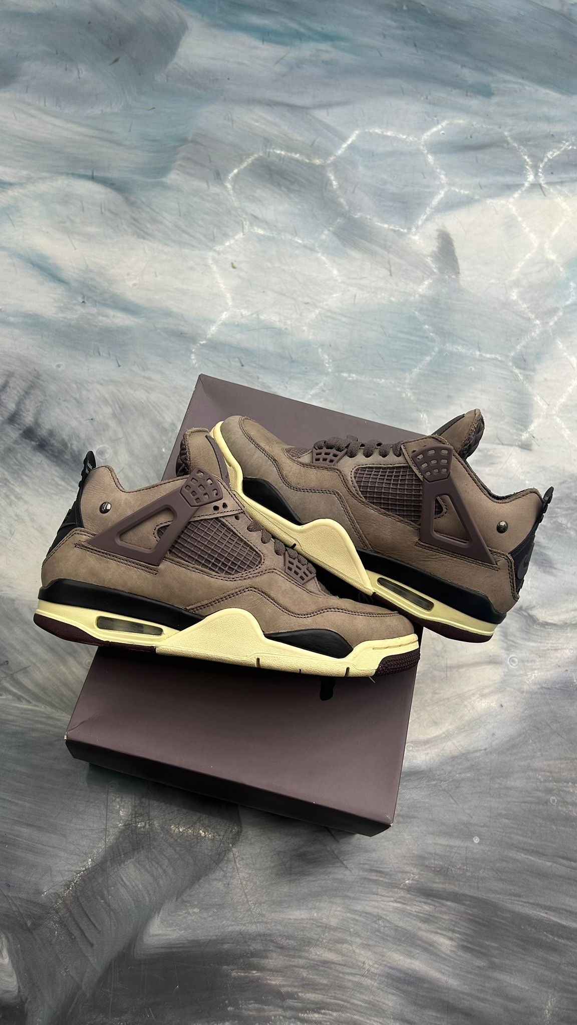 Pre-owned Jordan 4 Retro A Ma Maniere sneakers, size 8.5, in dark grey suede with black and cream accents.