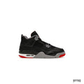 JORDAN 4 RETRO BRED REIMAGINED (GS) sneaker, black leather with red accents and gray sole.