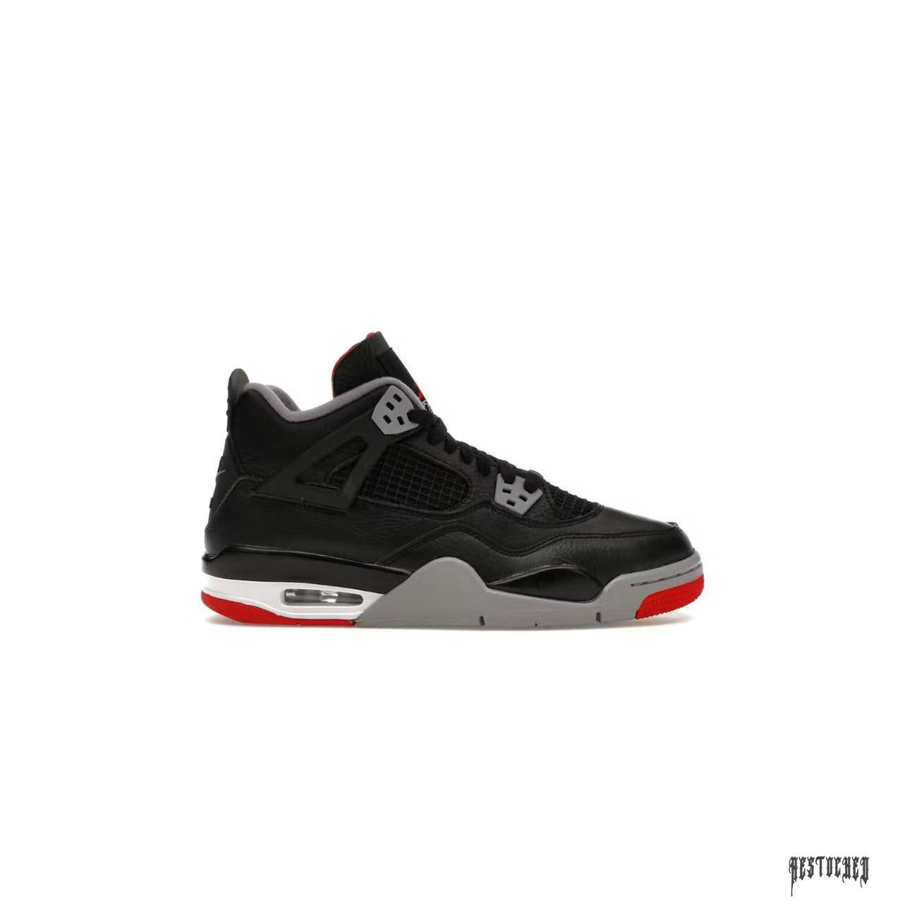 JORDAN 4 RETRO BRED REIMAGINED (GS) sneaker, black leather with red accents and gray sole.