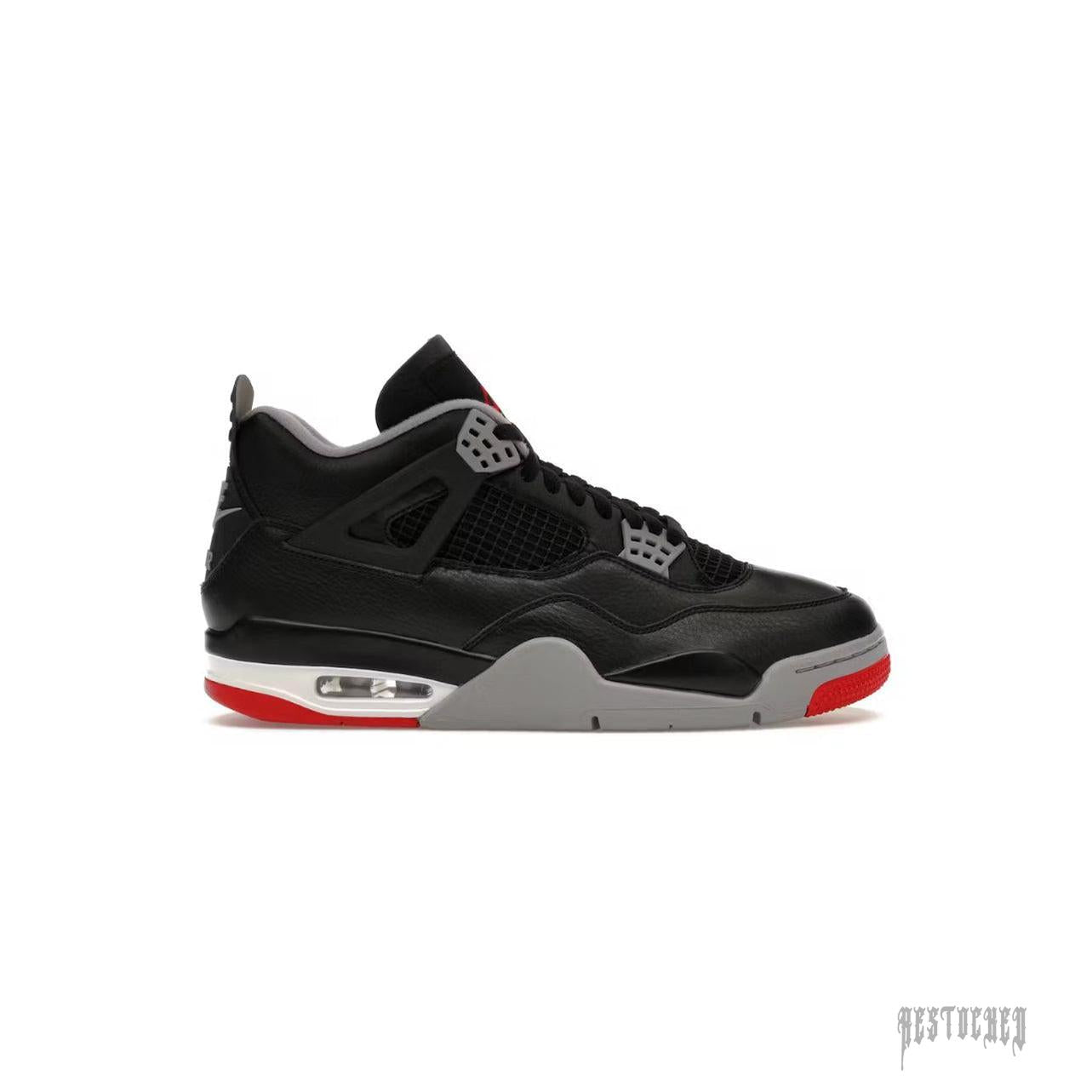 JORDAN 4 RETRO BRED REIMAGINED sneaker, black leather with grey accents, red sole details, and visible Air unit.
