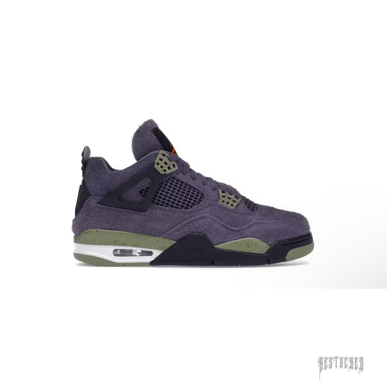 JORDAN 4 RETRO CANYON PURPLE women's sneaker with purple suede, safety orange, and black accents.