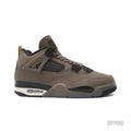 JORDAN 4 RETRO CAVE STONE sneaker, dark brown nubuck upper, black mesh, white midsole detail.