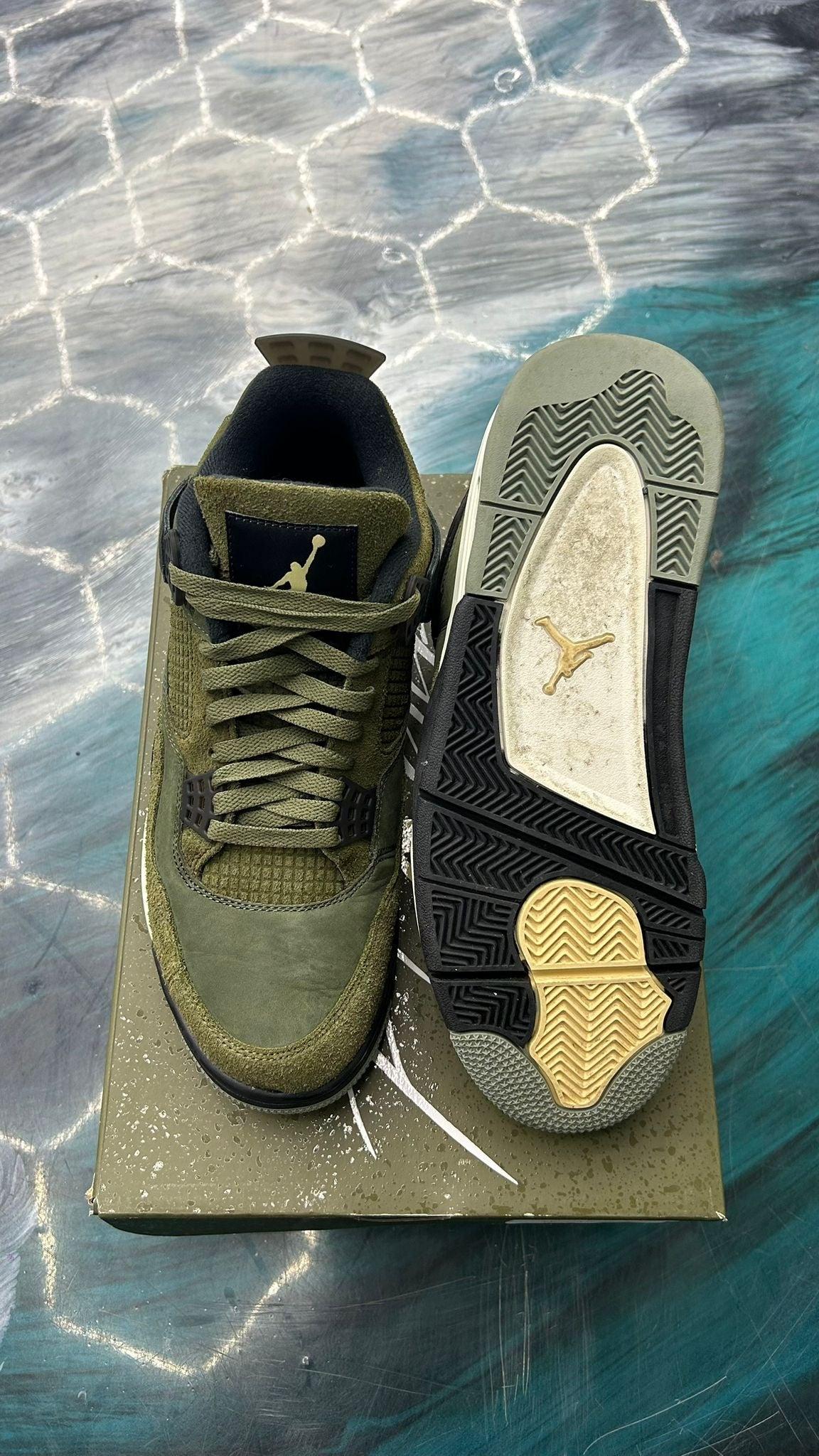Pre-owned Jordan 4 Retro Craft Medium Olive sneakers, size 11, showing top and sole with gold Jumpman.