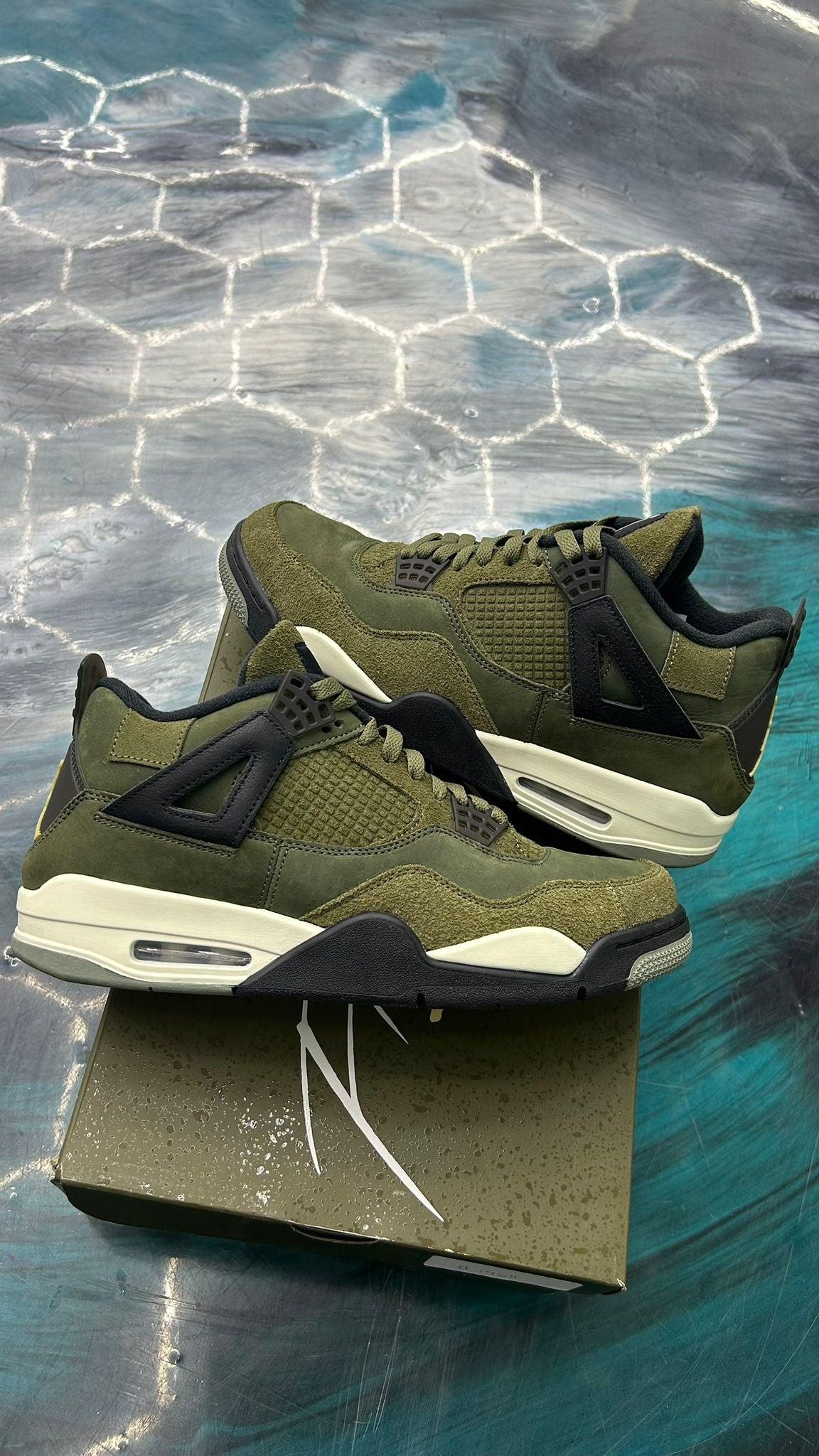 Pre-owned Jordan 4 Retro Craft Medium Olive sneakers, size 11, with black accents and cream soles.