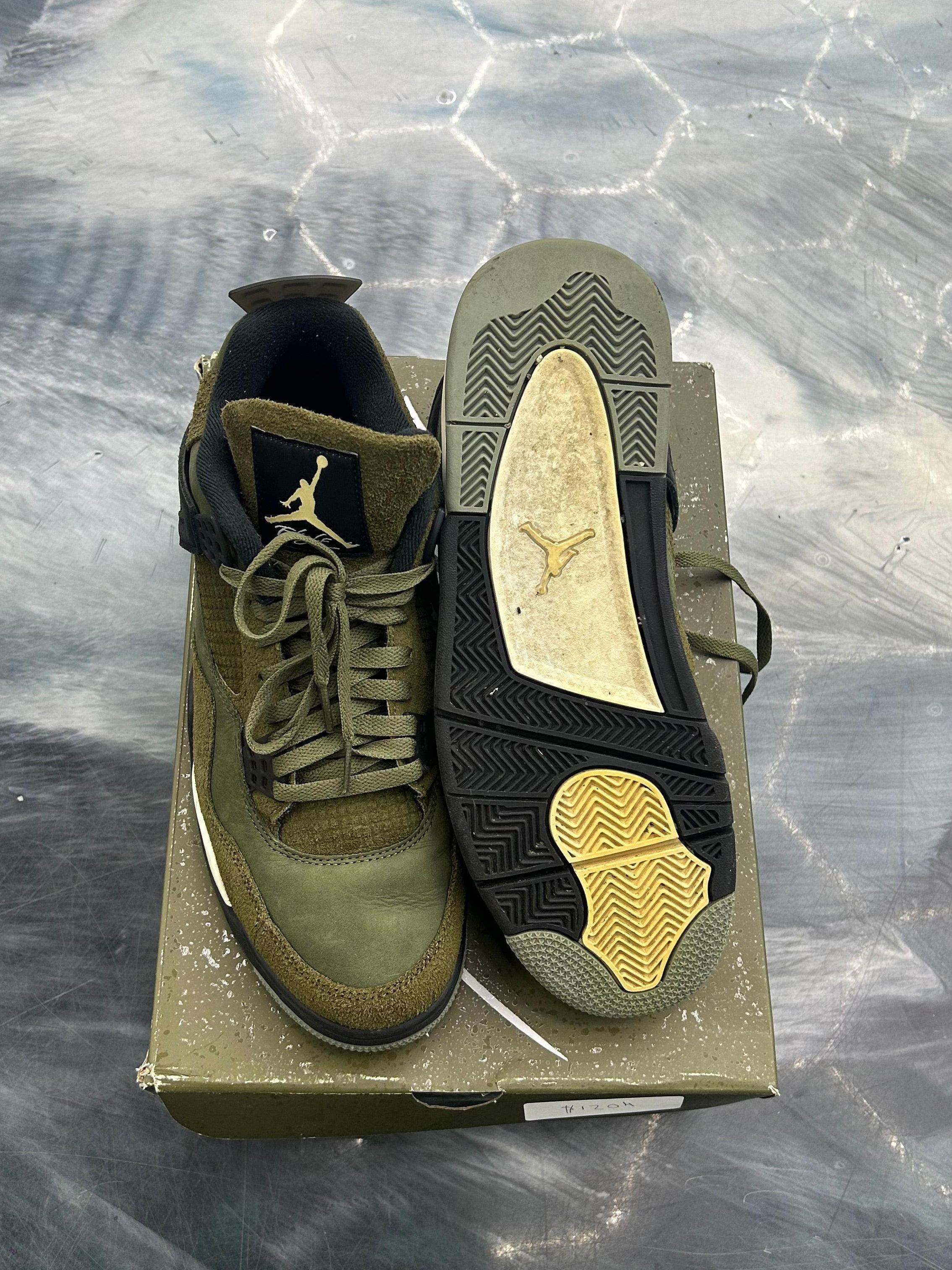 Pre-owned Jordan 4 Retro Craft Olive sneakers, size 13, showing top and sole views of the olive green and black design.