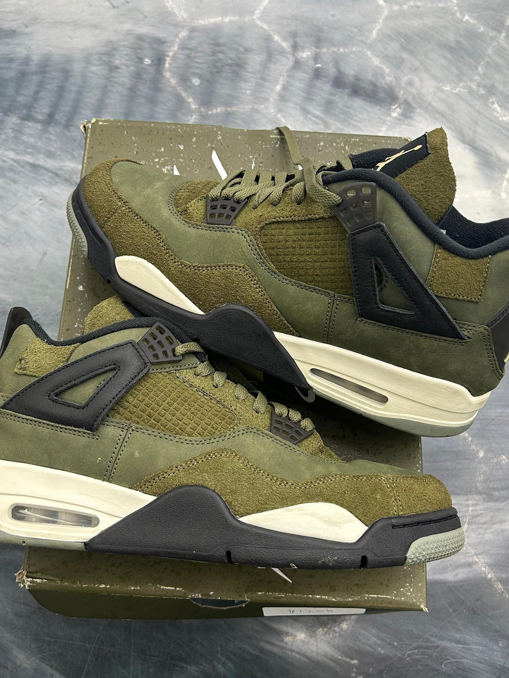 Pre-owned Jordan 4 Retro Craft Olive sneakers, size 13, featuring olive green suede and mesh with black accents.