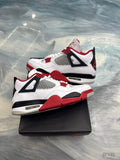 Pre-owned Jordan 4 Retro Fire Red (2020) sneakers, white leather with red and black accents, size 11.