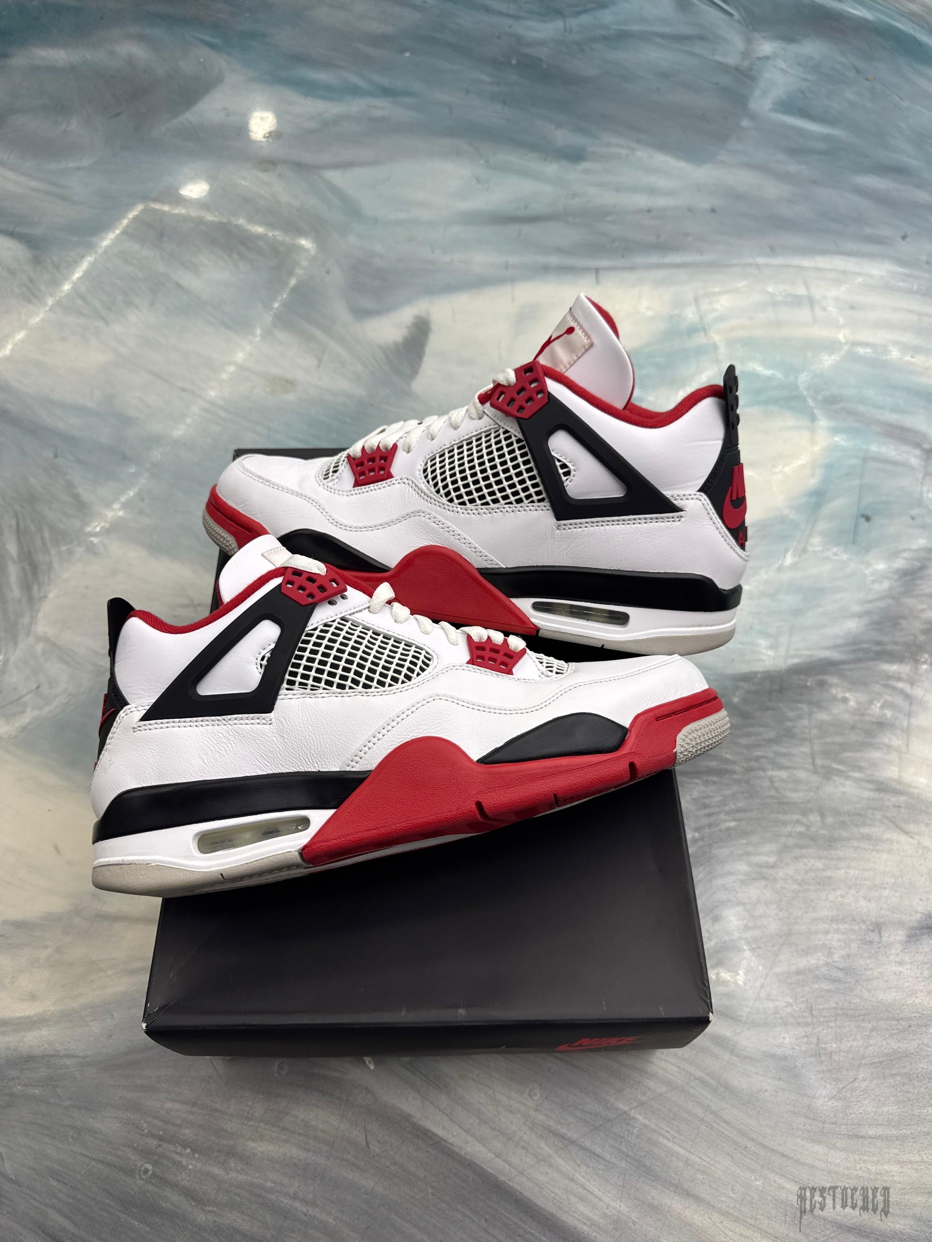 Pre-owned Jordan 4 Retro Fire Red (2020) sneakers, white leather with red and black accents, size 11.