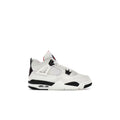 JORDAN 4 RETRO FLIGHT CLUB (GS) white leather sneaker with black accents, red lining, and visible air unit.