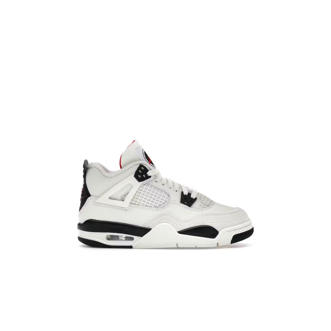 JORDAN 4 RETRO FLIGHT CLUB (GS) white leather sneaker with black accents, red lining, and visible air unit.