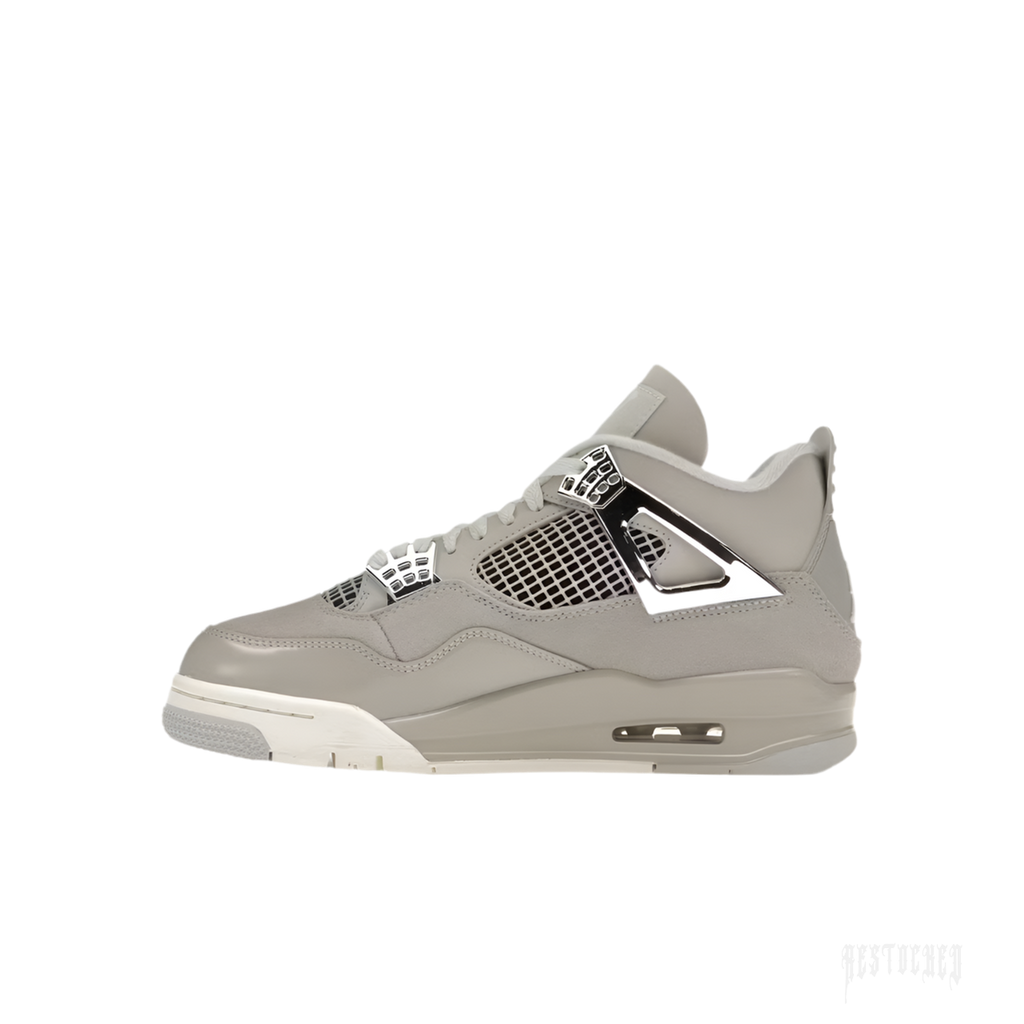 JORDAN 4 RETRO FROZEN MOMENTS women's sneaker, light grey leather with metallic silver accents.