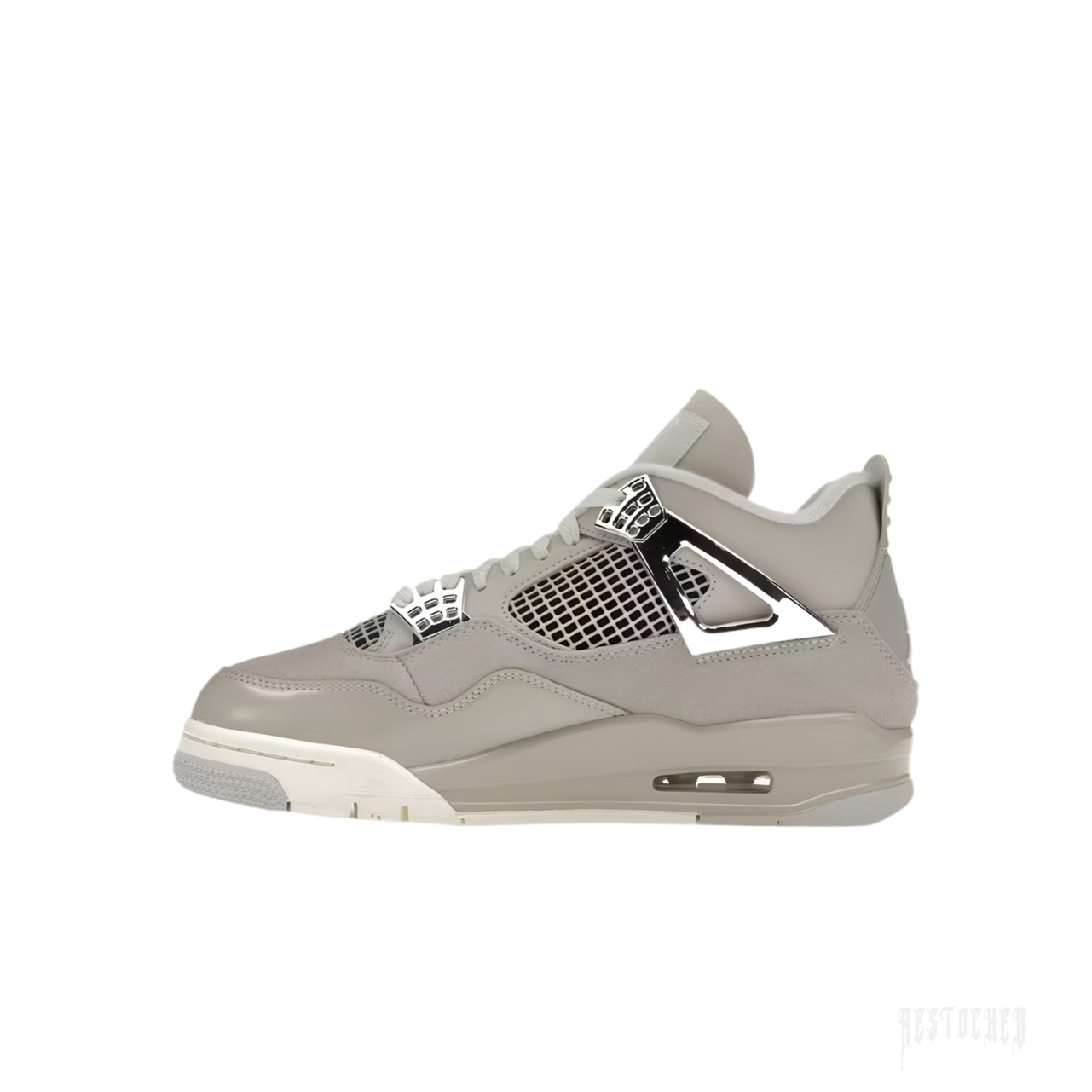 JORDAN 4 RETRO FROZEN MOMENTS women's sneaker, light grey leather with metallic silver accents.
