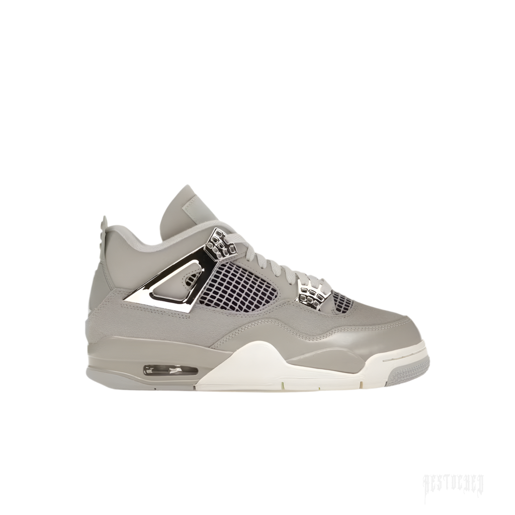JORDAN 4 RETRO FROZEN MOMENTS women's sneaker, light grey leather with metallic silver accents and white sole.