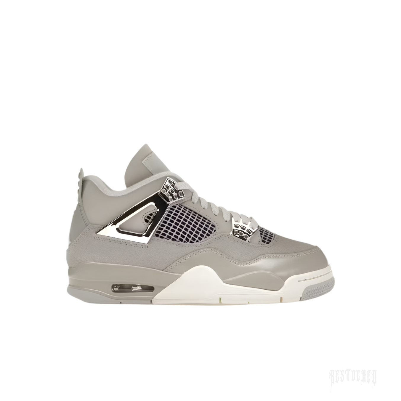 JORDAN 4 RETRO FROZEN MOMENTS women's sneaker, light grey leather with metallic silver accents and white sole.