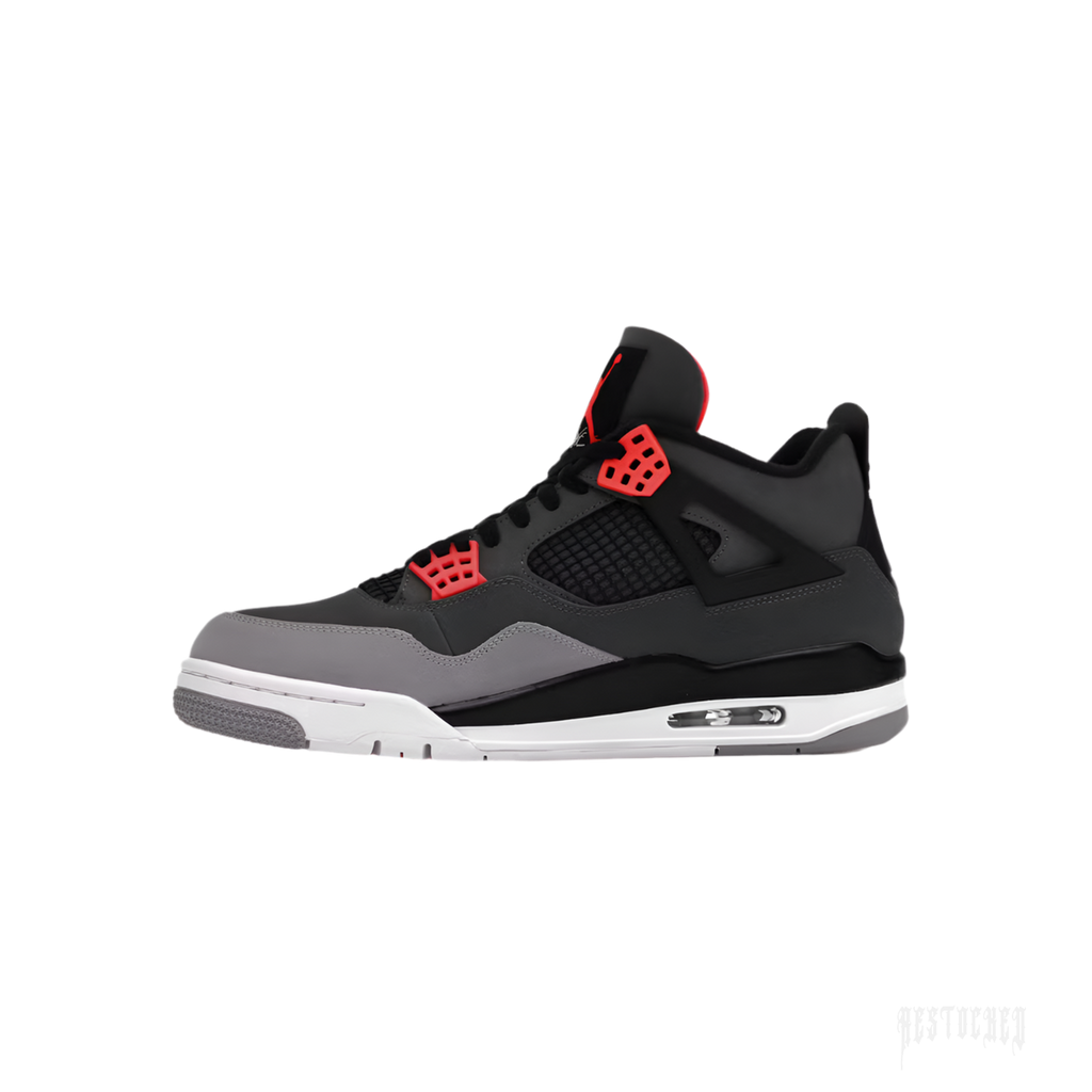 Jordan 4 Retro Infrared sneaker, dark grey and black with vibrant red accents, side view.