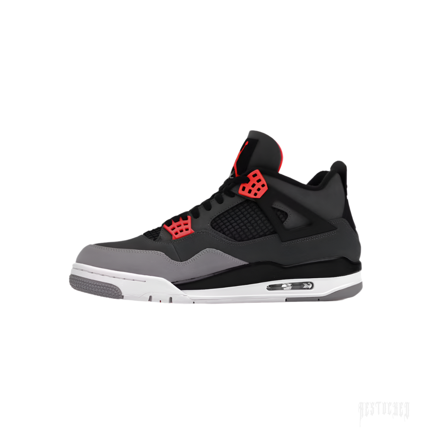 Jordan 4 Retro Infrared sneaker, dark grey and black with vibrant red accents, side view.