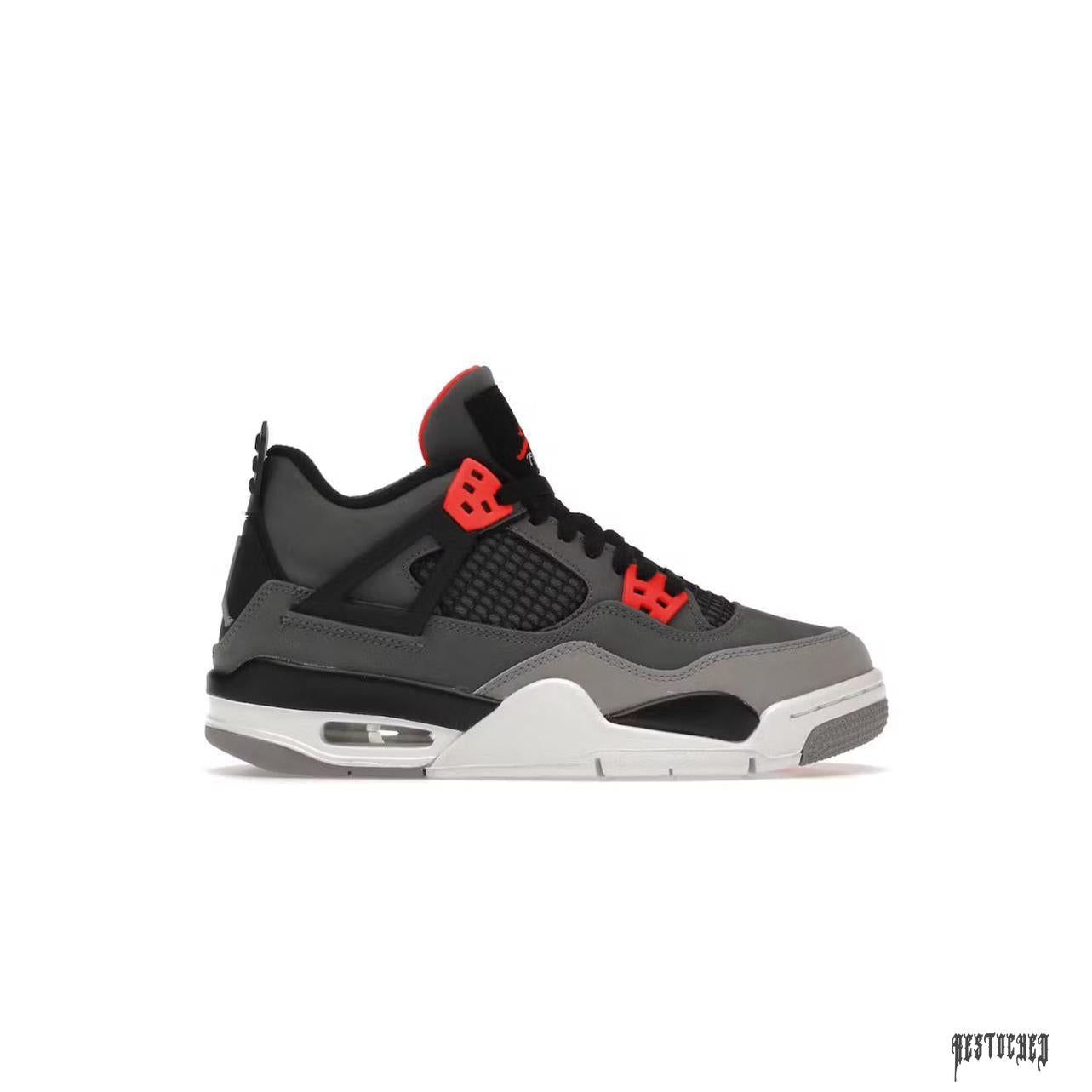 JORDAN 4 RETRO INFRARED (GS) sneaker, dark grey and black leather with red accents, white midsole.
