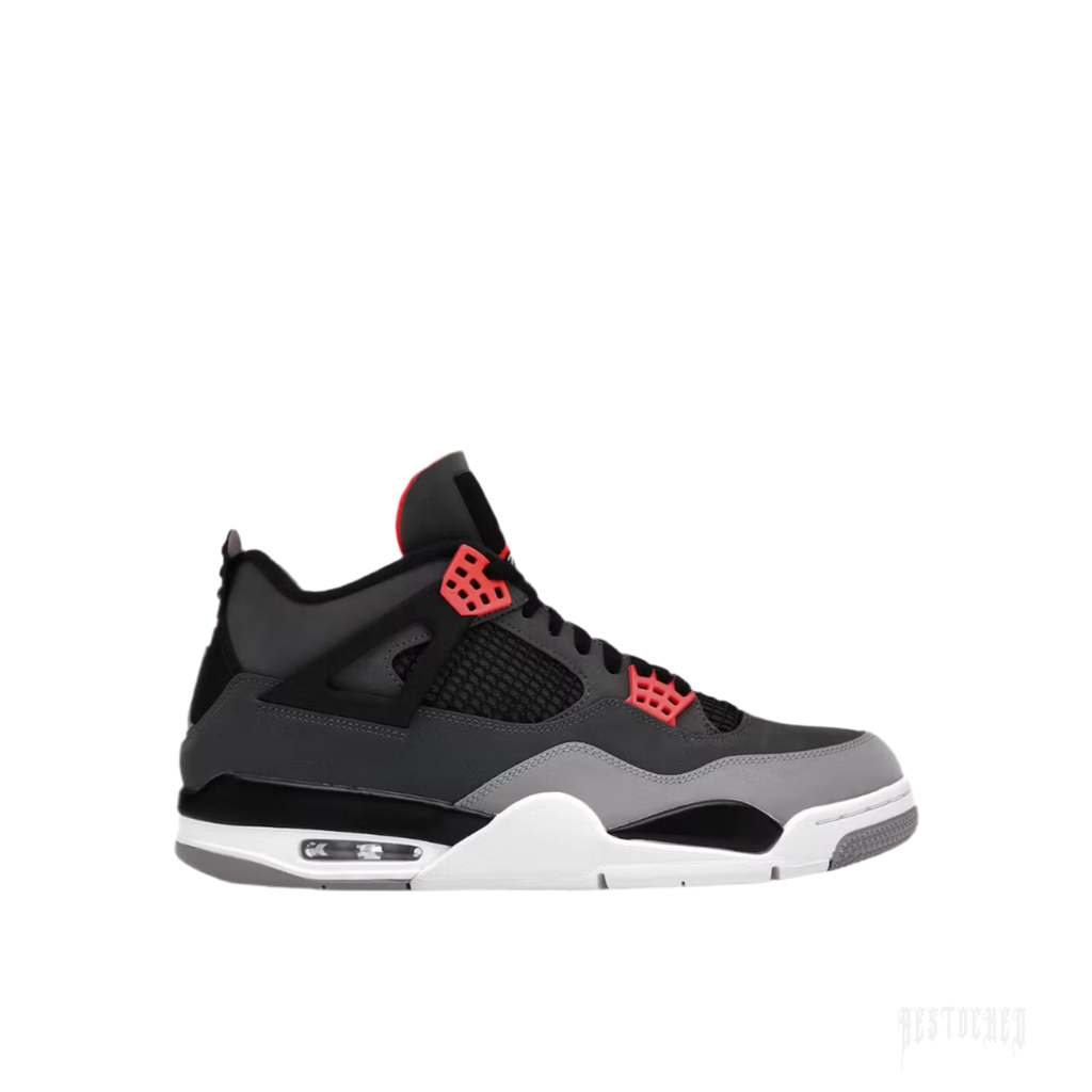 JORDAN 4 RETRO INFRARED sneaker, black and grey with bright red accents and visible air unit.
