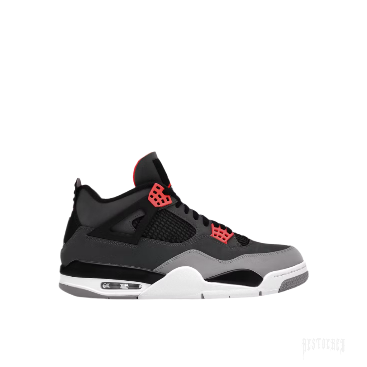 JORDAN 4 RETRO INFRARED sneaker, black and grey with bright red accents and visible air unit.