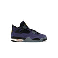 JORDAN 4 RETRO LAKERS sneaker, purple suede upper, black accents, yellow Jumpman logo, visible Air unit.