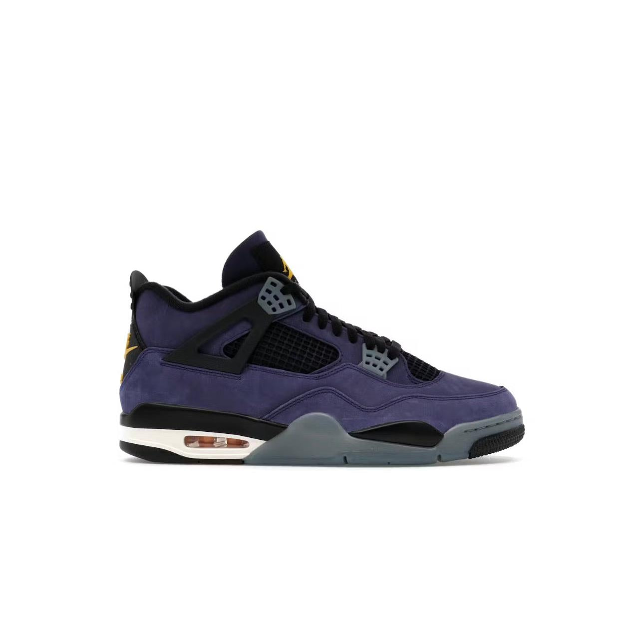 JORDAN 4 RETRO LAKERS sneaker, purple suede upper, black accents, yellow Jumpman logo, visible Air unit.