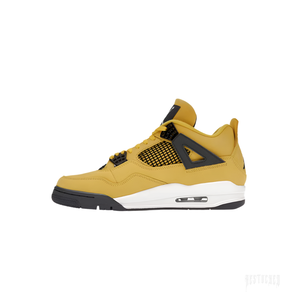 JORDAN 4 RETRO LIGHTNING (2021) sneaker, side view, featuring a vibrant yellow nubuck upper with black accents and a white midsole.