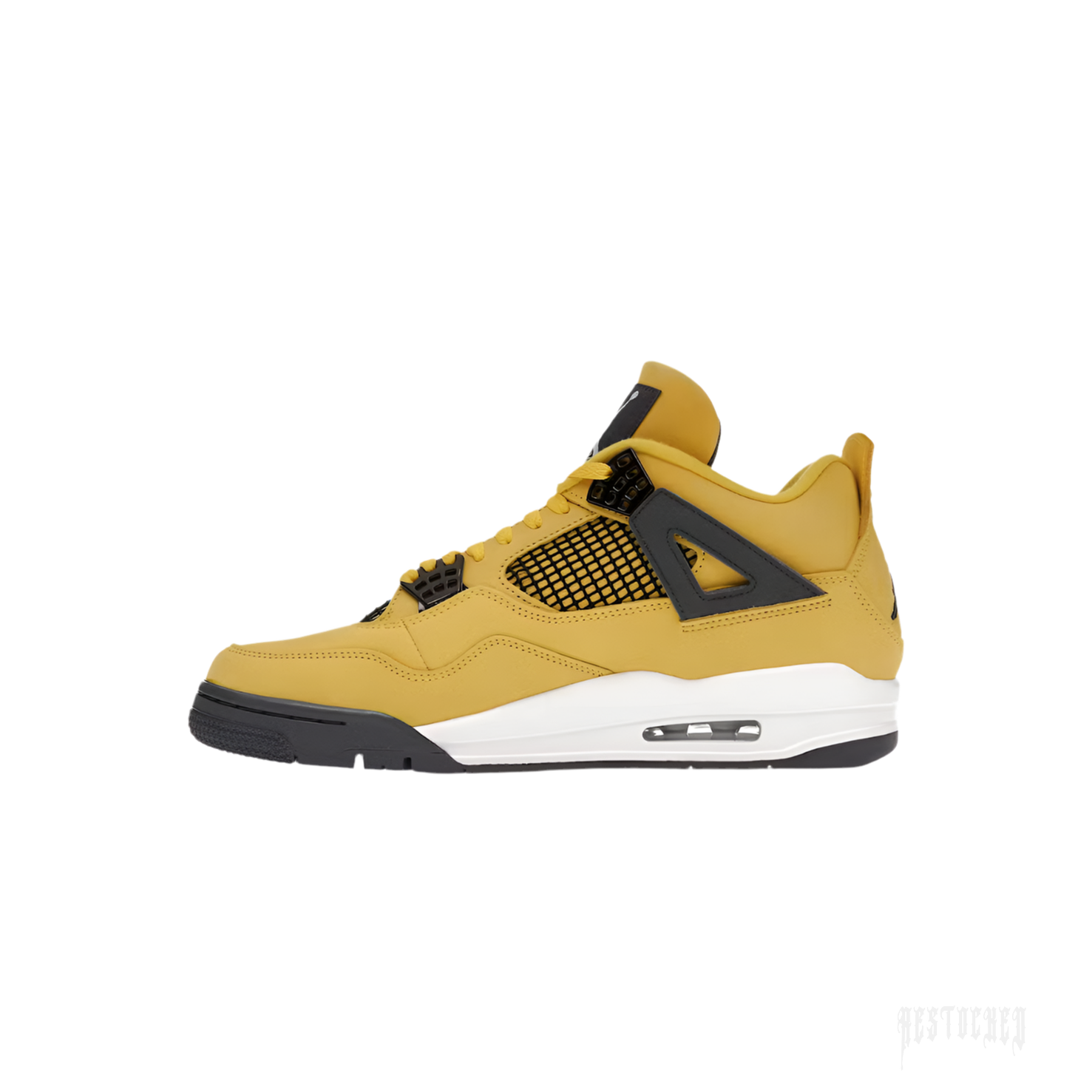 JORDAN 4 RETRO LIGHTNING (2021) sneaker, side view, featuring a vibrant yellow nubuck upper with black accents and a white midsole.