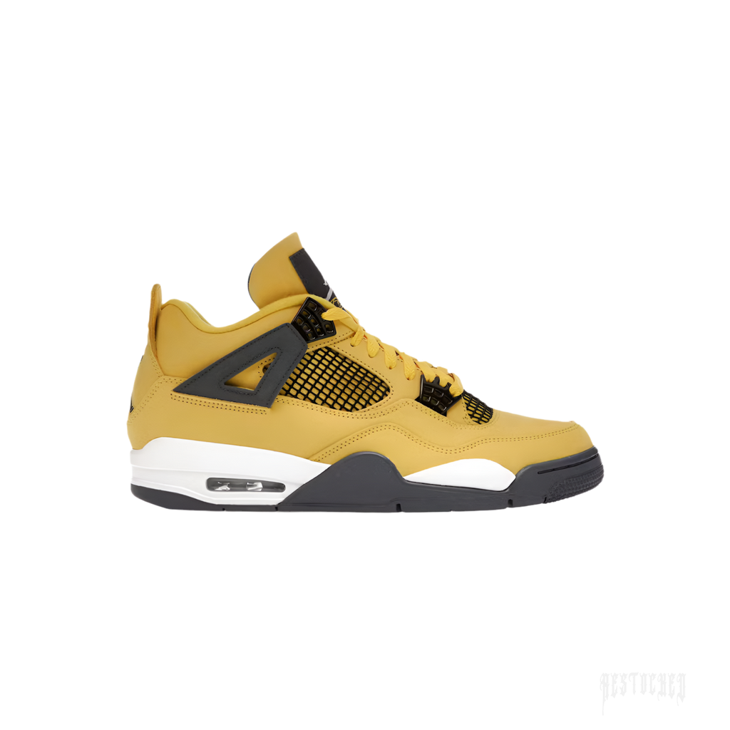 JORDAN 4 RETRO LIGHTNING (2021) sneaker, yellow nubuck upper with black mesh and grey accents.