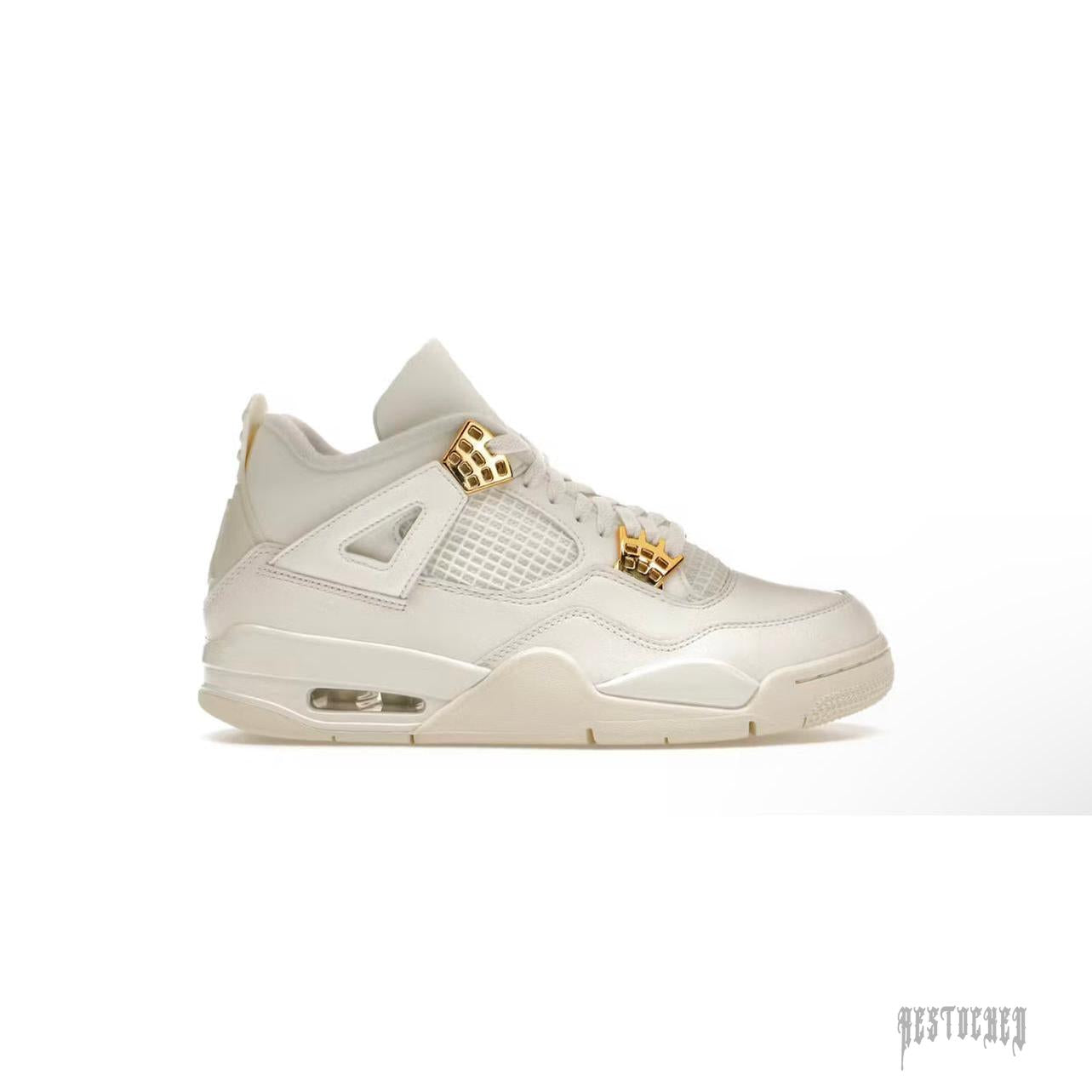 Women's Air Jordan 4 Retro "Metallic Gold" sneaker with sail leather upper and gold accents.