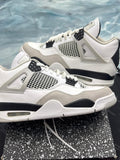 JORDAN 4 RETRO MILITARY BLACK pre-owned size 10 sneakers, white leather with grey suede and black accents.