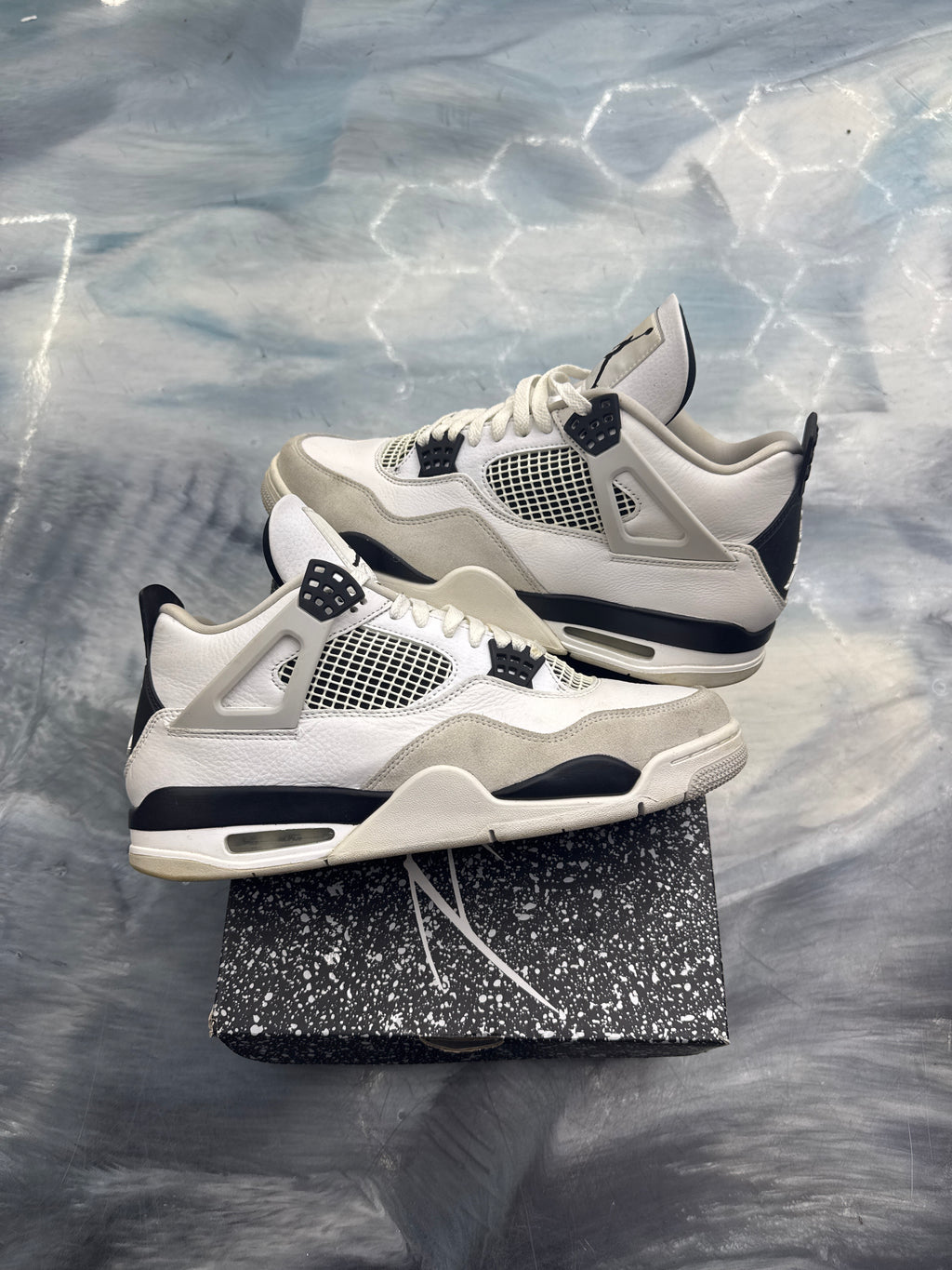 Pre-owned Jordan 4 Retro Military Black sneakers, size 11, white leather with black and grey accents.