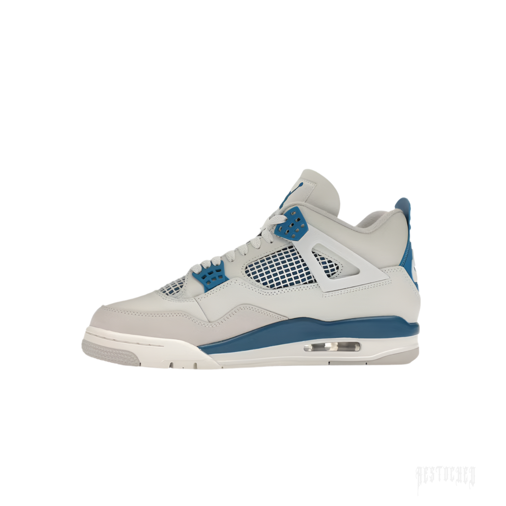 JORDAN 4 RETRO MILITARY BLUE (2024) sneaker, light grey leather upper with blue accents and mesh panels.