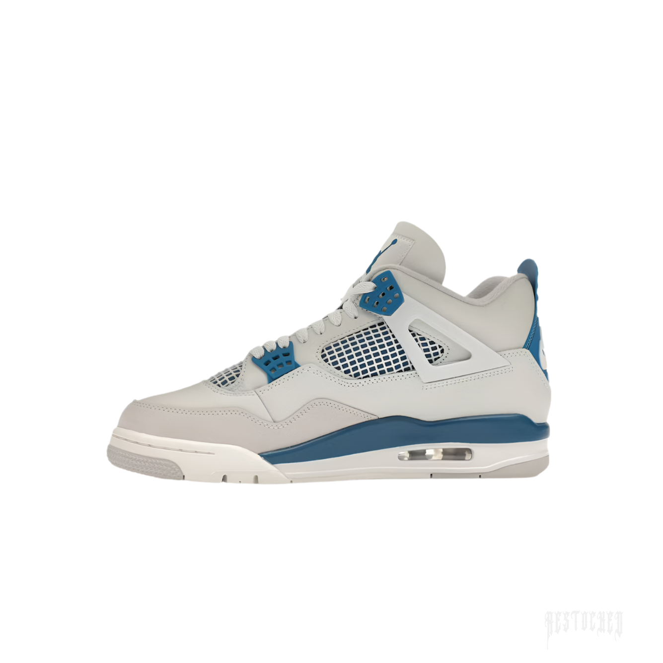 JORDAN 4 RETRO MILITARY BLUE (2024) sneaker, light grey leather upper with blue accents and mesh panels.