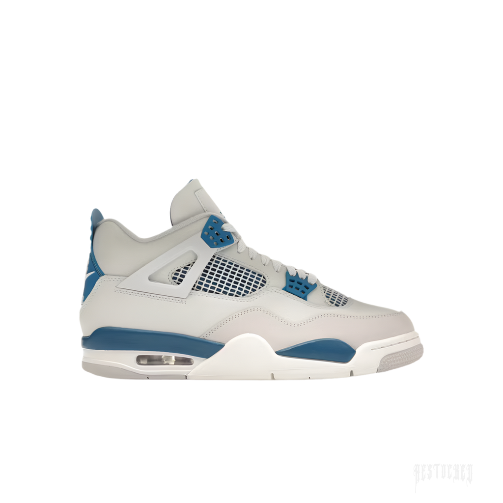 JORDAN 4 RETRO MILITARY BLUE (2024) sneaker, light grey leather upper with blue accents, mesh netting, and visible air unit.
