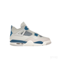 JORDAN 4 RETRO MILITARY BLUE (2024) sneaker, light grey leather upper with blue accents, mesh netting, and visible air unit.