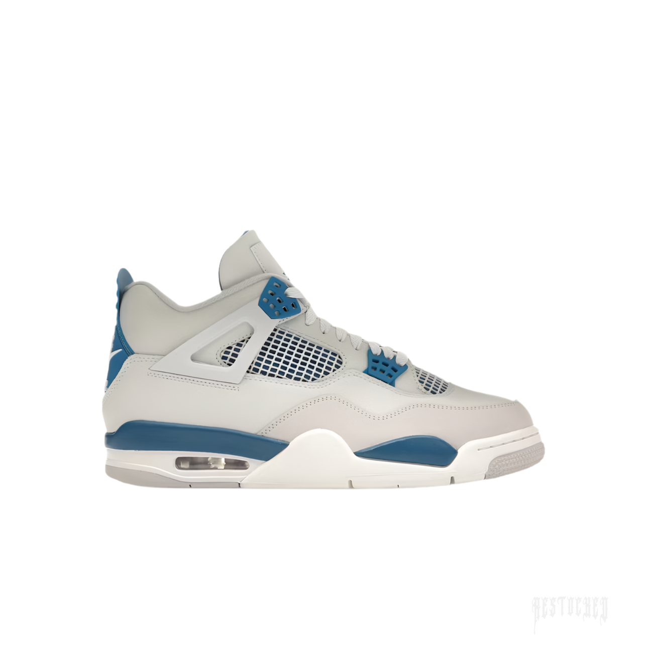 JORDAN 4 RETRO MILITARY BLUE (2024) sneaker, light grey leather upper with blue accents, mesh netting, and visible air unit.