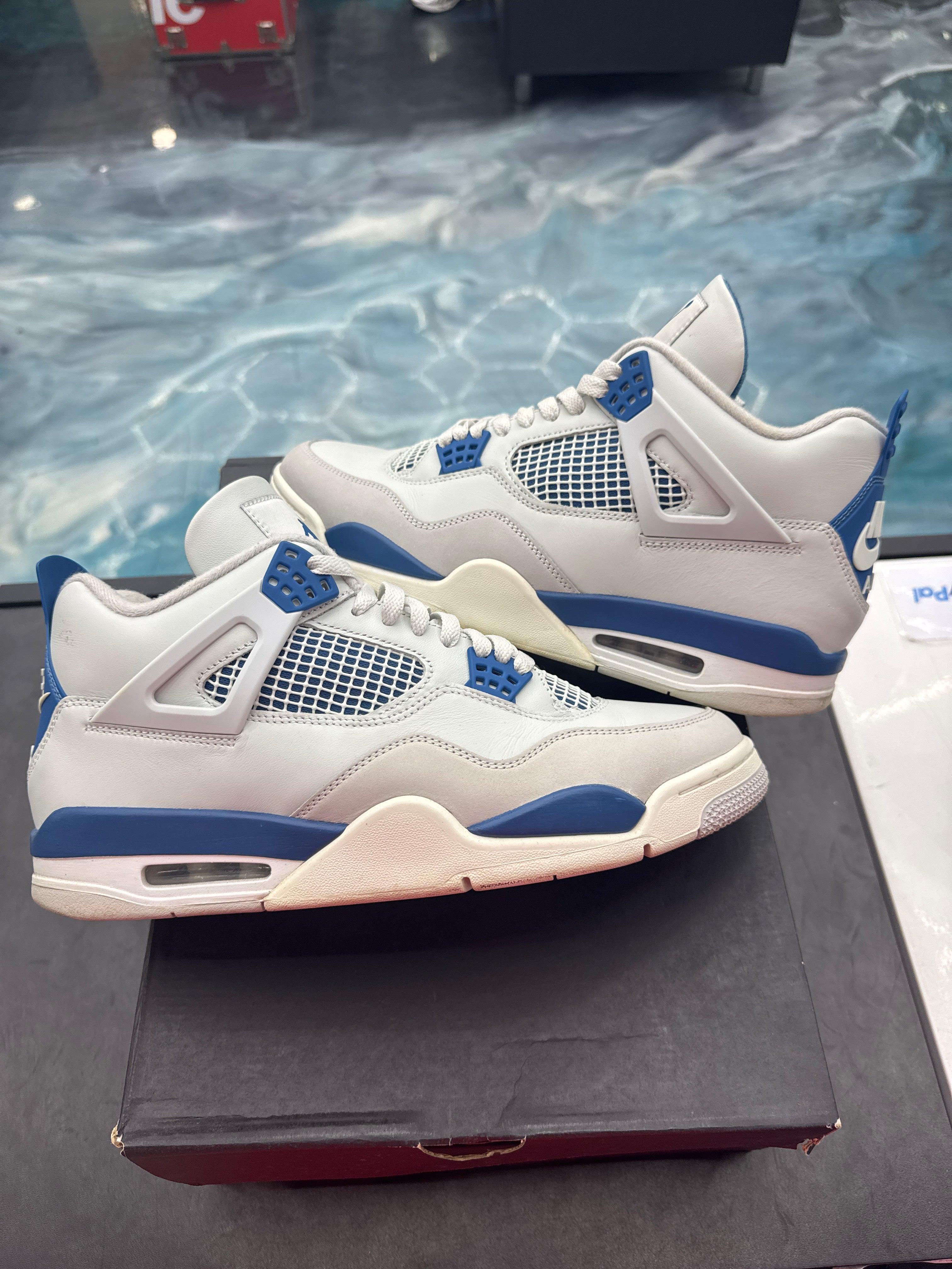 Pre-owned Jordan 4 Retro Military Blue sneakers, size 11.5, with white leather and blue accents.