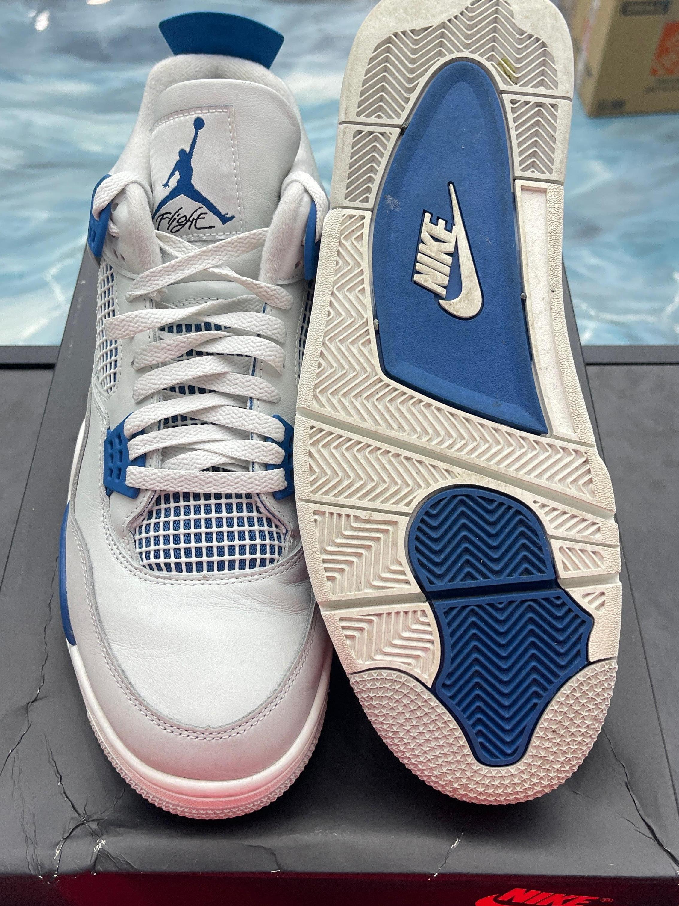 Pre-owned Jordan 4 Retro Military Blue sneakers, white leather with blue accents, size 13, showing top and sole.