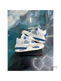 Pre-owned Jordan 4 Retro Military Blue sneakers, size 6.5Y, white leather with blue accents and gray details.