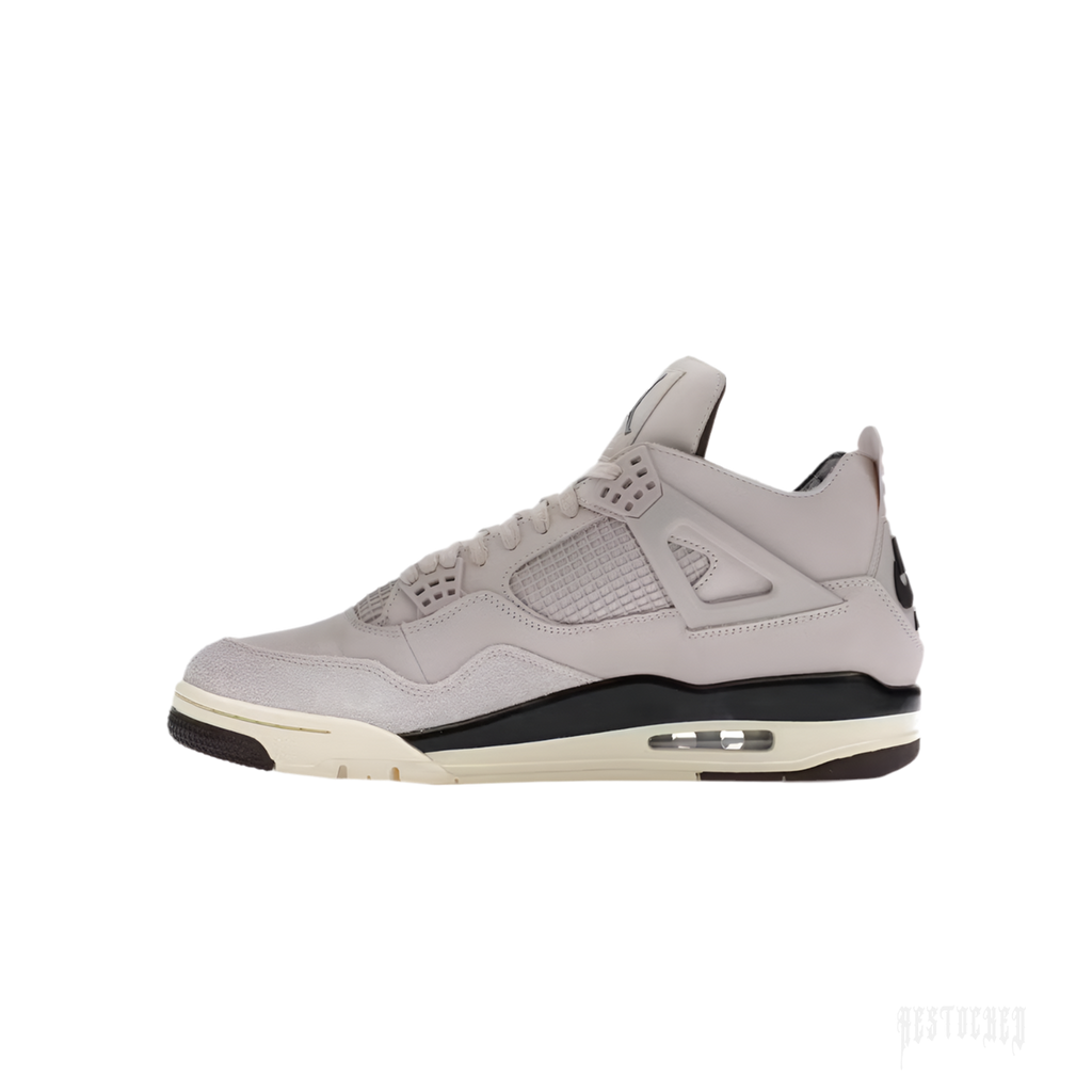 Women's Jordan 4 Retro A Ma Maniére sneaker, light grey suede and leather with black and cream accents.