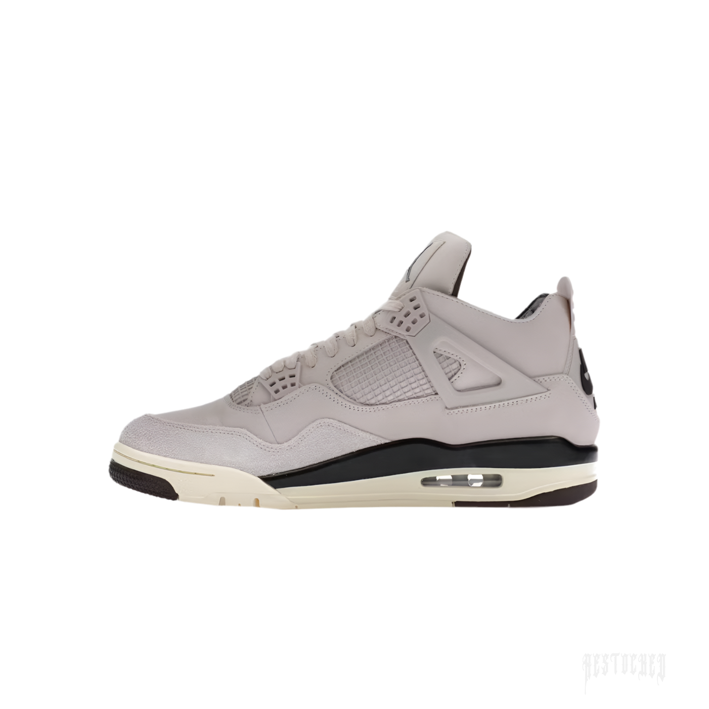 Women's Jordan 4 Retro A Ma Maniére sneaker, light grey suede and leather with black and cream accents.