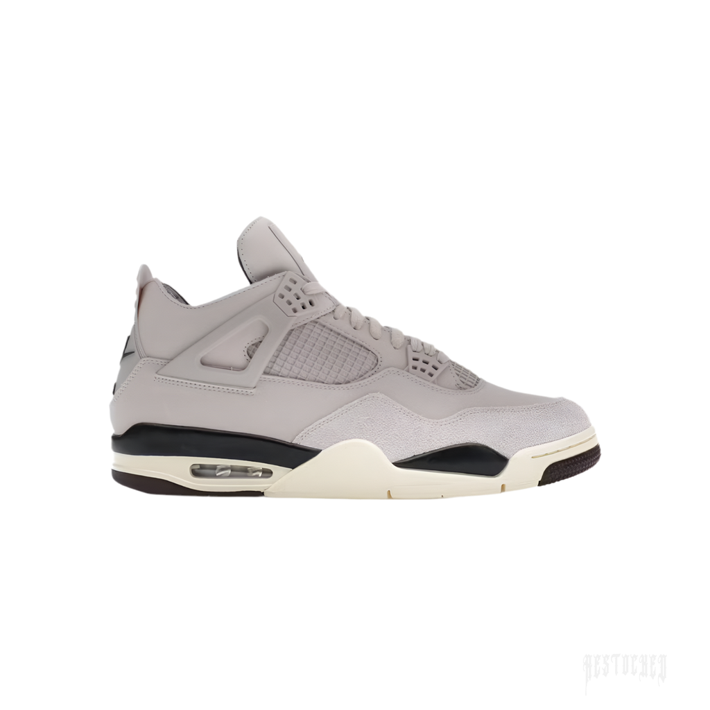 Jordan 4 Retro OG SP A Ma Maniére women's sneaker in light grey leather and suede with black accents.