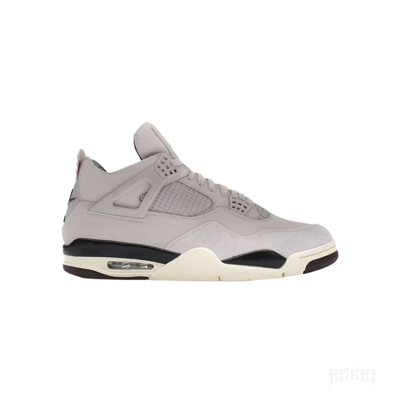 Jordan 4 Retro OG SP A Ma Maniére women's sneaker in light grey leather and suede with black accents.