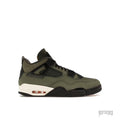 Jordan 4 Retro OG SP Undefeated sneaker in olive green, black, and cream with visible air unit.