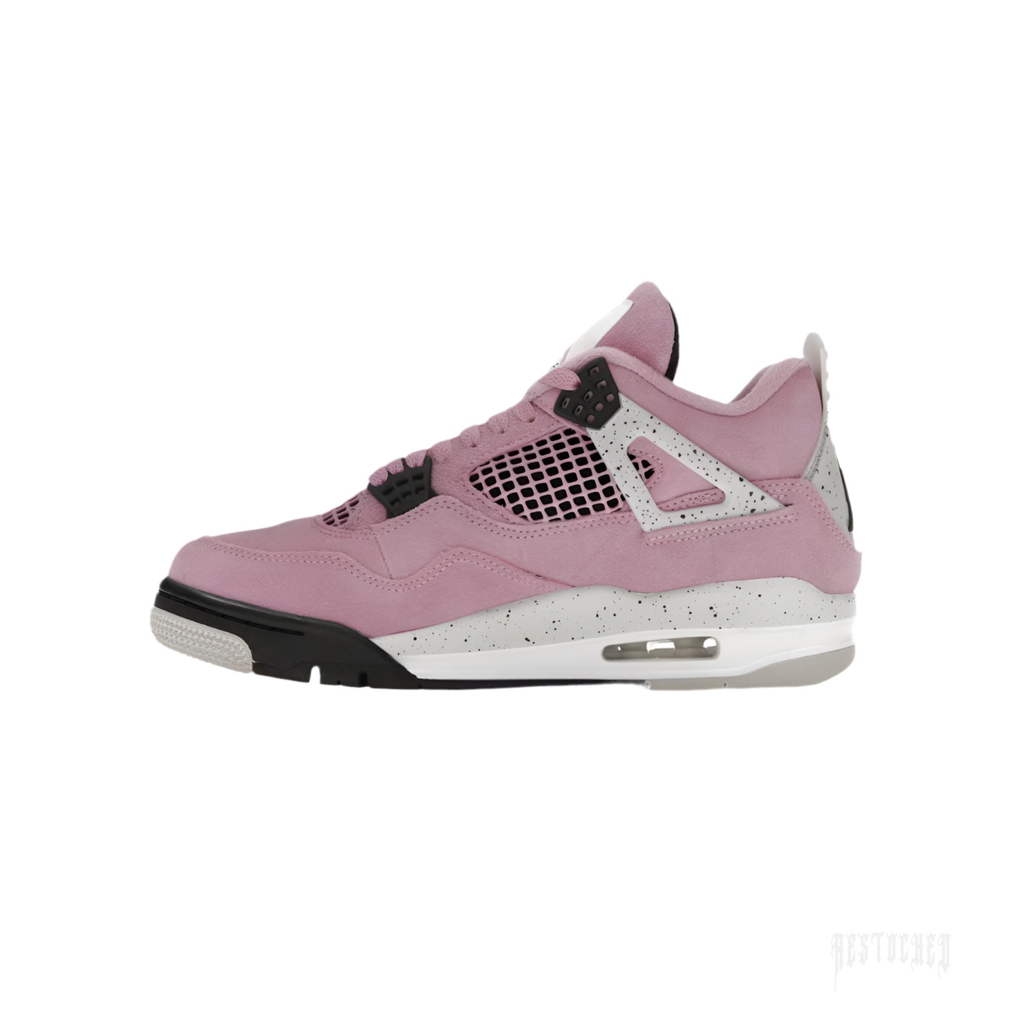 JORDAN 4 RETRO ORCHID women's sneaker in pink suede with black and speckled grey accents.