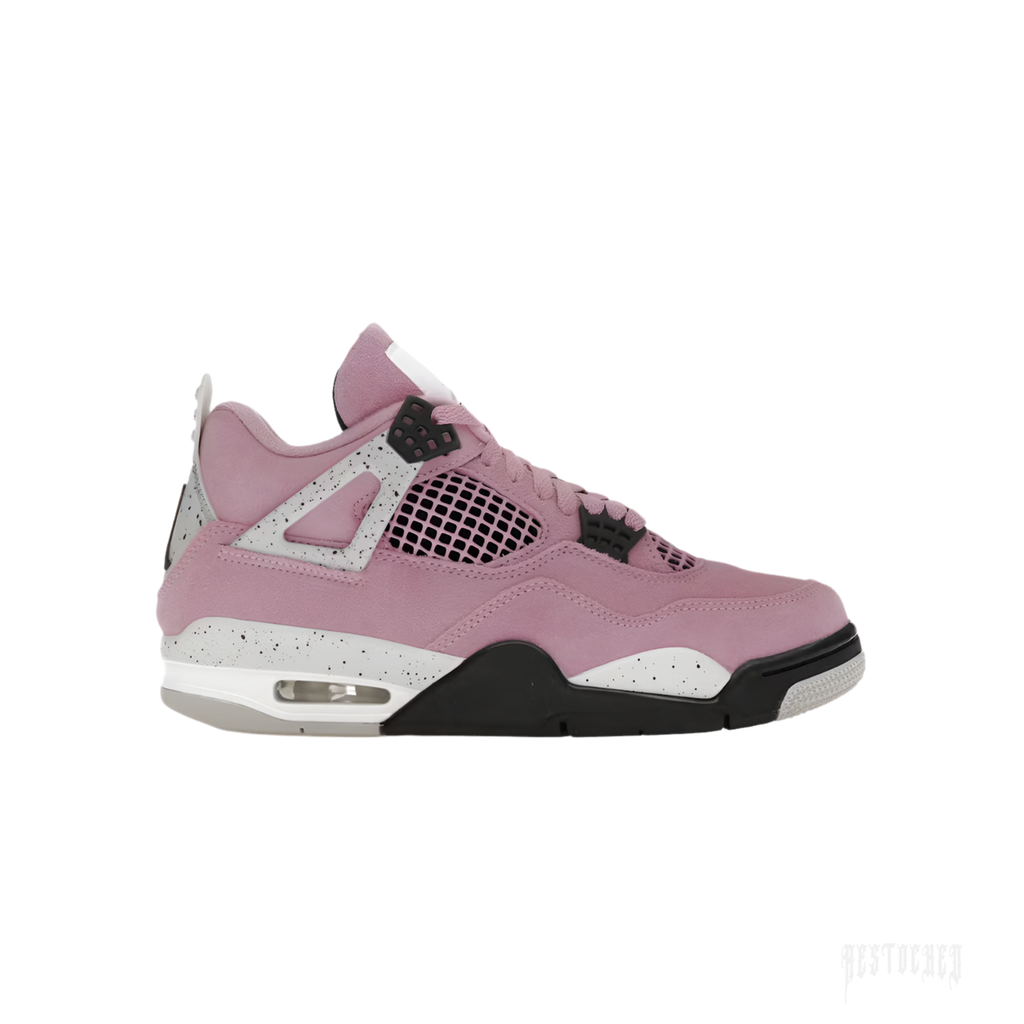 JORDAN 4 RETRO ORCHID women's sneaker, featuring a dusty pink suede upper, black and white speckled midsole, and visible air unit.