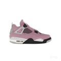 JORDAN 4 RETRO ORCHID women's sneaker, featuring a dusty pink suede upper, black and white speckled midsole, and visible air unit.